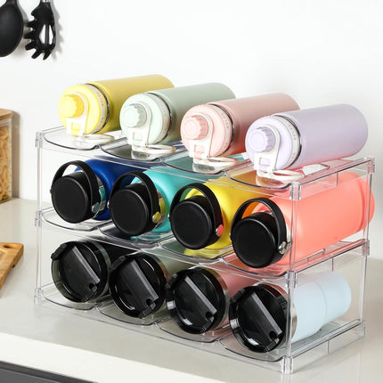 LARGER Compartment - 3 Tier Stackable Water Bottle Organizer Holder for Stanley 40oz & Others' Large Tumbler Clear Wine Rack, 12 Cup Cabinet Home Countertop Fridge Pantry Shelf Hold.