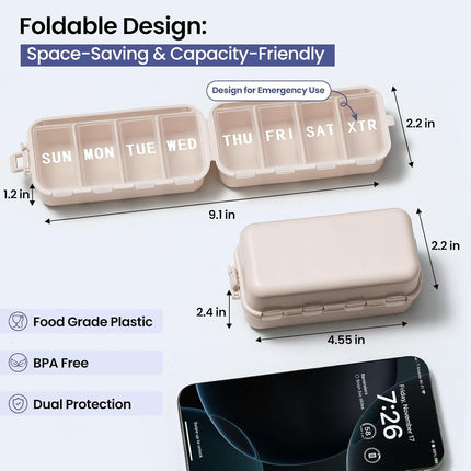 NEW Foldable Weekly Pill Organizer with Extra Grid, Portable 7 Day Box Once / 1 Time a Day, Week Daily Medicine - Large Travel Case Holder Dispenser for Vitamin, Supplement-Khaki Khaki.