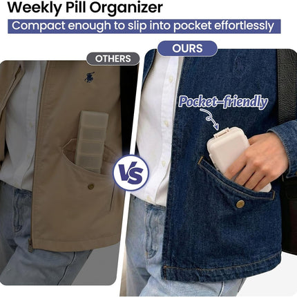 NEW Foldable Weekly Pill Organizer with Extra Grid, Portable 7 Day Box Once / 1 Time a Day, Week Daily Medicine - Large Travel Case Holder Dispenser for Vitamin, Supplement-Khaki Khaki.