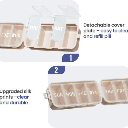 NEW Foldable Weekly Pill Organizer with Extra Grid, Portable 7 Day Box Once / 1 Time a Day, Week Daily Medicine - Large Travel Case Holder Dispenser for Vitamin, Supplement-Khaki Khaki.