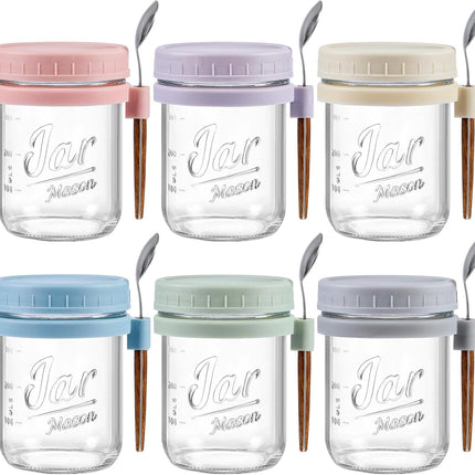 6 Pack Overnight Oats Containers with Lids and Spoons, 16 oz Glass Mason Jars, Large Capacity Airtight Jars for Milk, Cereal, Fruit colors -.
