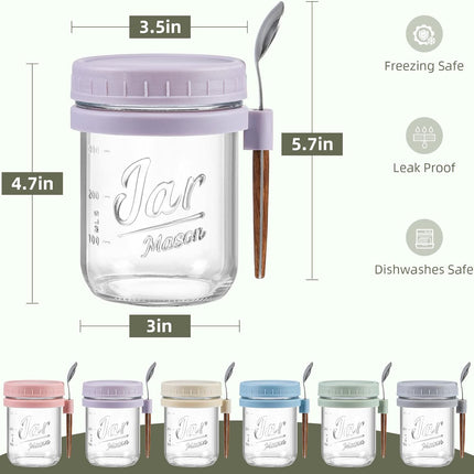 6 Pack Overnight Oats Containers with Lids and Spoons, 16 oz Glass Mason Jars, Large Capacity Airtight Jars for Milk, Cereal, Fruit colors -.