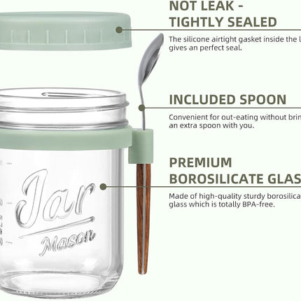 6 Pack Overnight Oats Containers with Lids and Spoons, 16 oz Glass Mason Jars, Large Capacity Airtight Jars for Milk, Cereal, Fruit colors -.