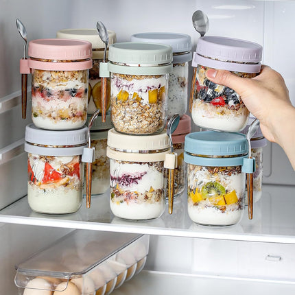 6 Pack Overnight Oats Containers with Lids and Spoons, 16 oz Glass Mason Jars, Large Capacity Airtight Jars for Milk, Cereal, Fruit colors -.