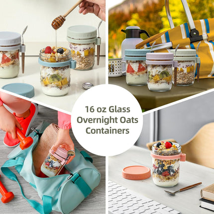 6 Pack Overnight Oats Containers with Lids and Spoons, 16 oz Glass Mason Jars, Large Capacity Airtight Jars for Milk, Cereal, Fruit colors -.