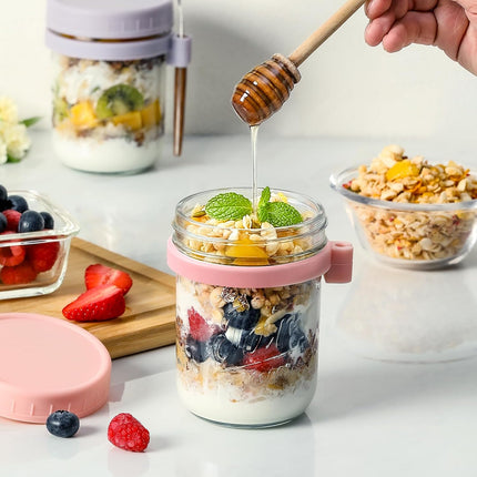 6 Pack Overnight Oats Containers with Lids and Spoons, 16 oz Glass Mason Jars, Large Capacity Airtight Jars for Milk, Cereal, Fruit colors -.