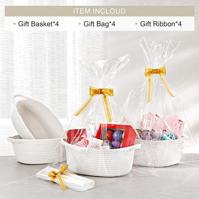 4 Pack Small Woven Basket with Handles, All 12"x 8"x 5", Cotton Rope Room Shelf Storage Basket, Cat Toys, Cute Baby Gift Bags and Ribbons for Nursery, Empty Decorative Chest Box White -.