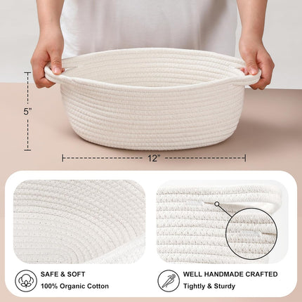 4 Pack Small Woven Basket with Handles, All 12"x 8"x 5", Cotton Rope Room Shelf Storage Basket, Cat Toys, Cute Baby Gift Bags and Ribbons for Nursery, Empty Decorative Chest Box White -.