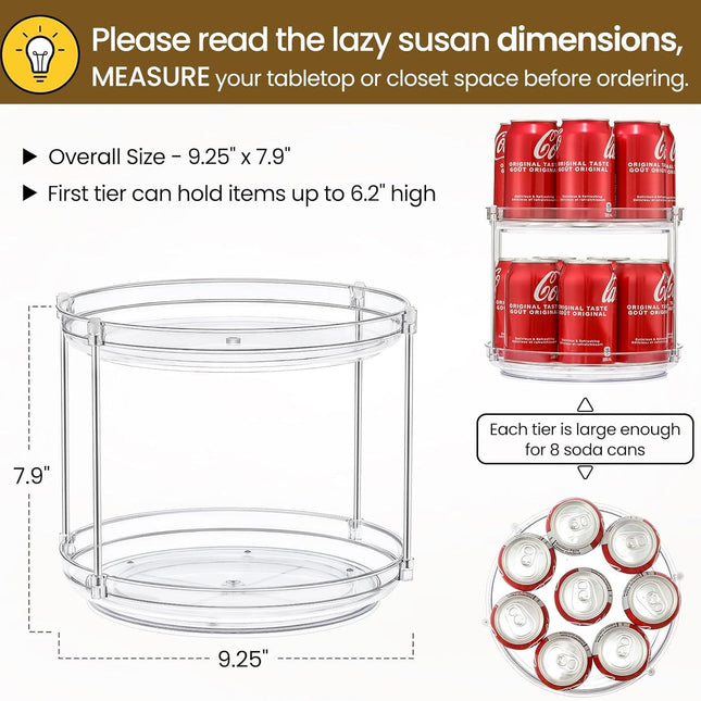 2 Tier Non-Skid Acrylic Lazy Susan Turntable Organizer - Rotating Spice Rack Spinning Organization Tray for Kitchen, Pantry, Countertop, Closet, Bathroom, Vanity, Medicine Cabinet Organizing, 9.25''.