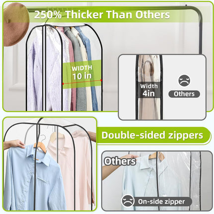 2 Pack Clear Garment Bags for Hanging Clothes with Zippers on Double Sides - 10'' Storage Coat, Dress, and Fur in Closet 40'' Long Suit.