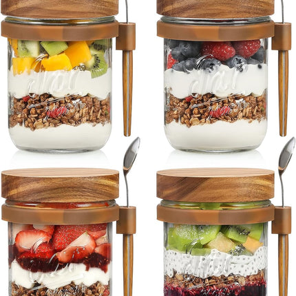 4 Pack Overnight Oats Containers with Wooden Lids and Spoons, 16oz Glass Mason Jars Lids, Large Capacity Airtight for Milk, Cereal, Fruit -.