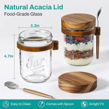 4 Pack Overnight Oats Containers with Wooden Lids and Spoons, 16oz Glass Mason Jars Lids, Large Capacity Airtight for Milk, Cereal, Fruit -.