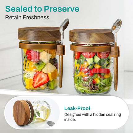 4 Pack Overnight Oats Containers with Wooden Lids and Spoons, 16oz Glass Mason Jars Lids, Large Capacity Airtight for Milk, Cereal, Fruit -.
