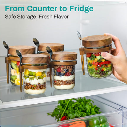 4 Pack Overnight Oats Containers with Wooden Lids and Spoons, 16oz Glass Mason Jars Lids, Large Capacity Airtight for Milk, Cereal, Fruit -.