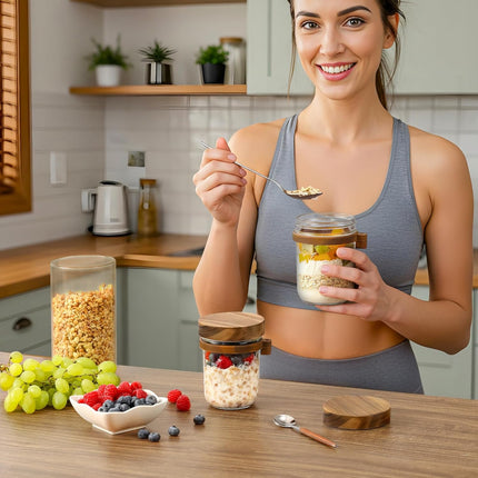 4 Pack Overnight Oats Containers with Wooden Lids and Spoons, 16oz Glass Mason Jars Lids, Large Capacity Airtight for Milk, Cereal, Fruit -.