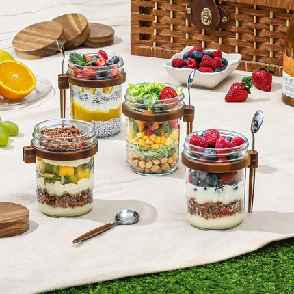 4 Pack Overnight Oats Containers with Wooden Lids and Spoons, 16oz Glass Mason Jars Lids, Large Capacity Airtight for Milk, Cereal, Fruit -.