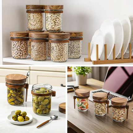 4 Pack Overnight Oats Containers with Wooden Lids and Spoons, 16oz Glass Mason Jars Lids, Large Capacity Airtight for Milk, Cereal, Fruit -.
