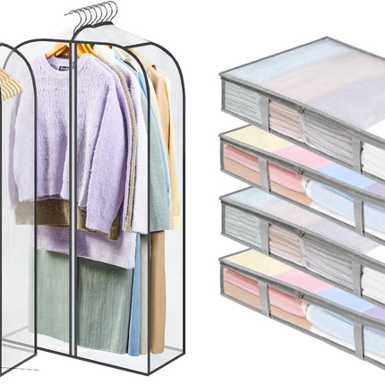 4 Packs Under Bed Storage Containers Bins-55L, 2 Pack Clear Garment Bags-40'' Long -.