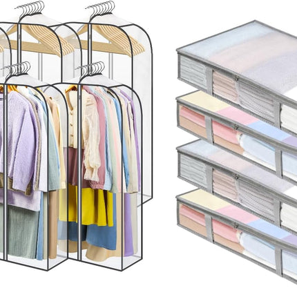 4 Packs Under Bed Storage Containers Bins-55L, 6 Pack Clear Garment Bags-40'' Long -.