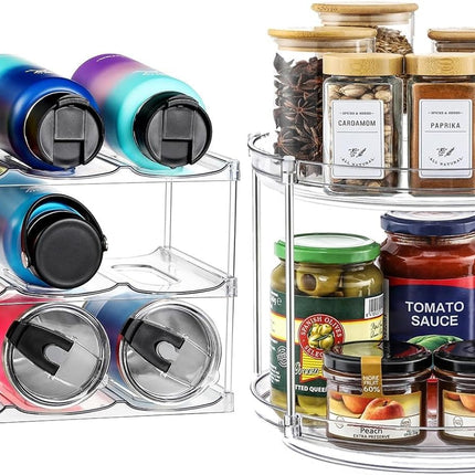 1 Pack 2 Tier Acrylic Clear Lazy Susan, 9.25inch + Water Bottle Organizer, Hold 9 -.