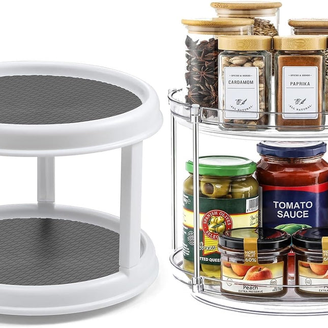 1 Pack 2 Tier Acrylic Clear Lazy Susan, 9.25inch + Pcak 10inch Plastic Susan -