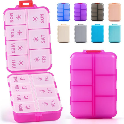 Foldable & Portable Weekly Pill Organizer 2 Times A Day with Etched Labels, Clear Pink + 3 Pack, 14 GRIDS Travel Box -.