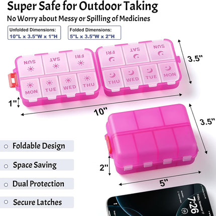 Foldable & Portable Weekly Pill Organizer 2 Times A Day with Etched Labels, Clear Pink + 3 Pack, 14 GRIDS Travel Box -.