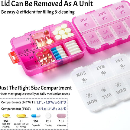 Foldable & Portable Weekly Pill Organizer 2 Times A Day with Etched Labels, Clear Pink + 3 Pack, 14 GRIDS Travel Box -.