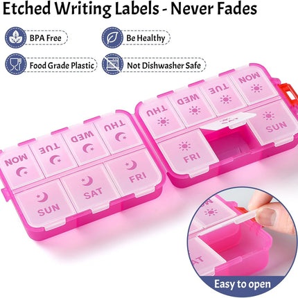 Foldable & Portable Weekly Pill Organizer 2 Times A Day with Etched Labels, Clear Pink + 3 Pack, 14 GRIDS Travel Box -.