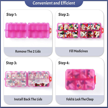 Foldable & Portable Weekly Pill Organizer 2 Times A Day with Etched Labels, Clear Pink + 3 Pack, 14 GRIDS Travel Box -.