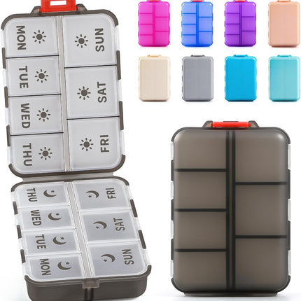 Foldable & Portable Weekly Pill Organizer 2 Times A Day with Etched Labels, Clear Black + 3 Pack, 14 GRIDS Travel Box -.