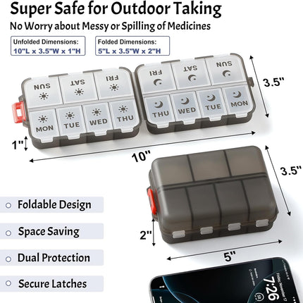 Foldable & Portable Weekly Pill Organizer 2 Times A Day with Etched Labels, Clear Black + 3 Pack, 14 GRIDS Travel Box -.