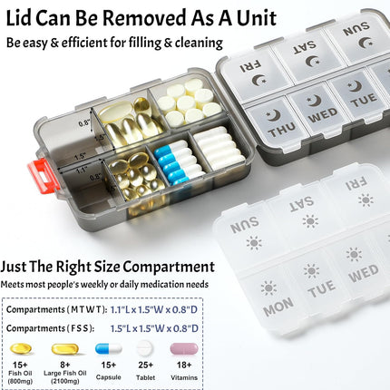Foldable & Portable Weekly Pill Organizer 2 Times A Day with Etched Labels, Clear Black + 3 Pack, 14 GRIDS Travel Box -.