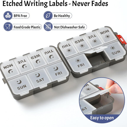 Foldable & Portable Weekly Pill Organizer 2 Times A Day with Etched Labels, Clear Black + 3 Pack, 14 GRIDS Travel Box -.