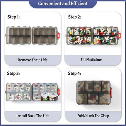 Foldable & Portable Weekly Pill Organizer 2 Times A Day with Etched Labels, Clear Black + 3 Pack, 14 GRIDS Travel Box -.