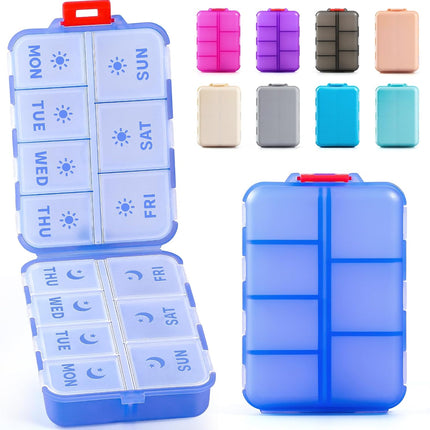 Foldable & Portable Weekly Pill Organizer 2 Times A Day with Etched Labels, Clear Blue + 3 Pack, 14 GRIDS Travel Box -.