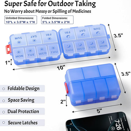 Foldable & Portable Weekly Pill Organizer 2 Times A Day with Etched Labels, Clear Blue + 3 Pack, 14 GRIDS Travel Box -.