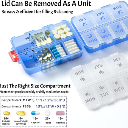 Foldable & Portable Weekly Pill Organizer 2 Times A Day with Etched Labels, Clear Blue + 3 Pack, 14 GRIDS Travel Box -.