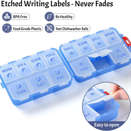 Foldable & Portable Weekly Pill Organizer 2 Times A Day with Etched Labels, Clear Blue + 3 Pack, 14 GRIDS Travel Box -.