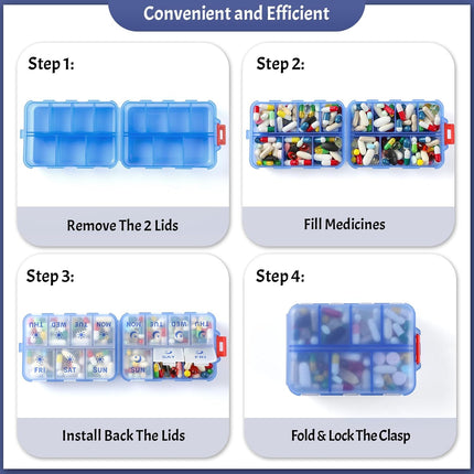 Foldable & Portable Weekly Pill Organizer 2 Times A Day with Etched Labels, Clear Blue + 3 Pack, 14 GRIDS Travel Box -.