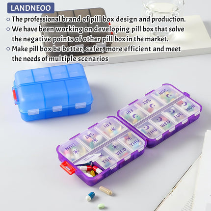 Foldable & Portable Weekly Pill Organizer 2 Times A Day with Etched Labels, Clear Blue + 3 Pack, 14 GRIDS Travel Box -.