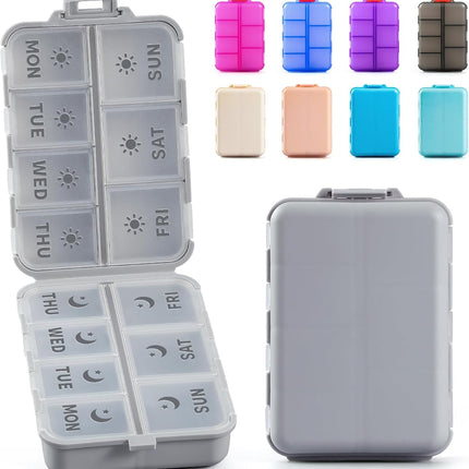 Foldable & Portable Weekly Pill Organizer 2 Times A Day with Etched Labels, Grey + 3 Pack, 14 GRIDS Travel Box -.