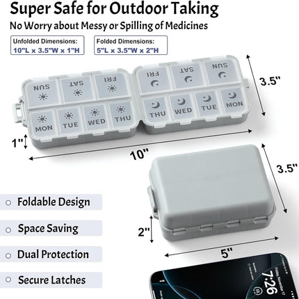 Foldable & Portable Weekly Pill Organizer 2 Times A Day with Etched Labels, Grey + 3 Pack, 14 GRIDS Travel Box -.