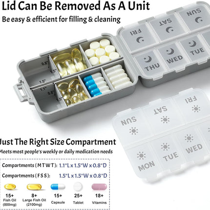 Foldable & Portable Weekly Pill Organizer 2 Times A Day with Etched Labels, Grey + 3 Pack, 14 GRIDS Travel Box -.