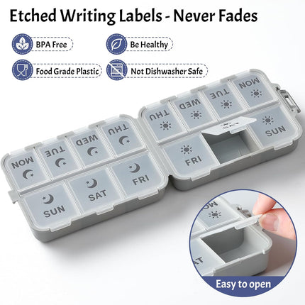 Foldable & Portable Weekly Pill Organizer 2 Times A Day with Etched Labels, Grey + 3 Pack, 14 GRIDS Travel Box -.