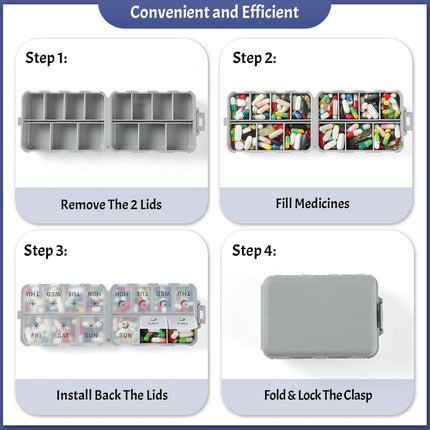 Foldable & Portable Weekly Pill Organizer 2 Times A Day with Etched Labels, Grey + 3 Pack, 14 GRIDS Travel Box -.