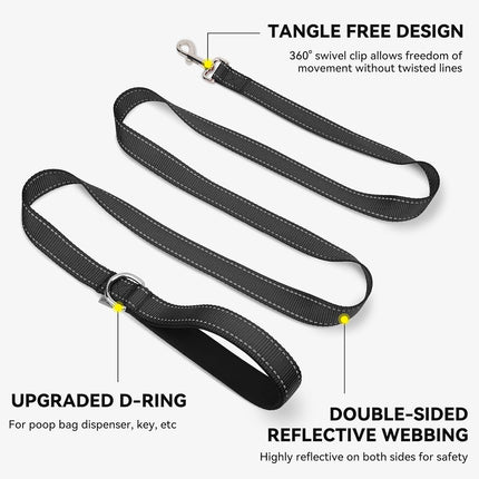 Dog Leash, 6 FT Double-Sided Reflective, Padded Handle Nylon Heavy Duty Leashes for Medium & Large Dogs Walking, Black ft Standard.