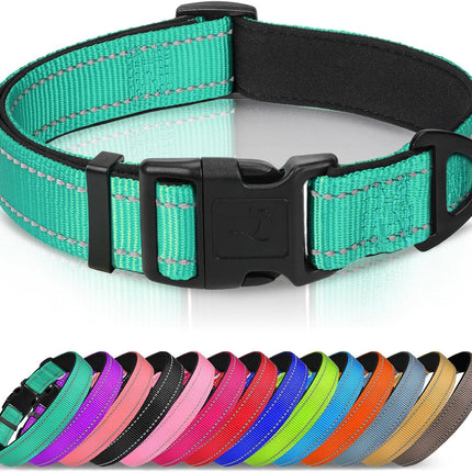 Reflective Dog Collar, Soft Neoprene Padded, Metal D-Ring, Nylon Pet Collar Adjustable for Large Dogs, Teal, L Teal (Pack of 1).