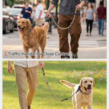 Tactical Dog Leash Heavy Duty, 4-6FT Shock Absorbing Bungee Lead with 2 Padded Handle, Metal Carabiner Clip, Car Seatbelt, Strong No Pull for Medium Large X-Large Dogs, Coyote Brown -.