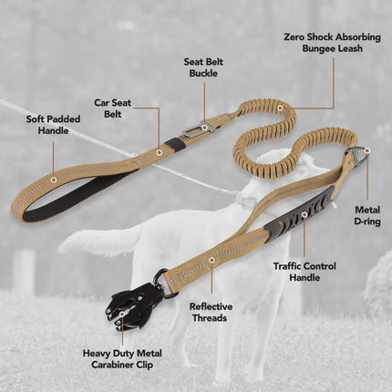 Tactical Dog Leash Heavy Duty, 4-6FT Shock Absorbing Bungee Lead with 2 Padded Handle, Metal Carabiner Clip, Car Seatbelt, Strong No Pull for Medium Large X-Large Dogs, Coyote Brown -.